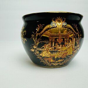 Vintage Mid 20th Century Chinese Black and Gold Vase Pot